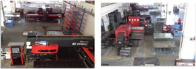 internal components, airflow paths, and reinforcement ribs in a custom 1U server chassis and a vertical electrical enclosure.