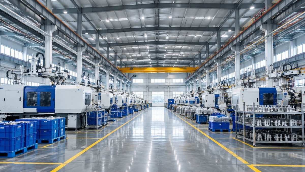 A professional wide shot of a modern manufacturing facility with neat production lines, showcasing scale and organization